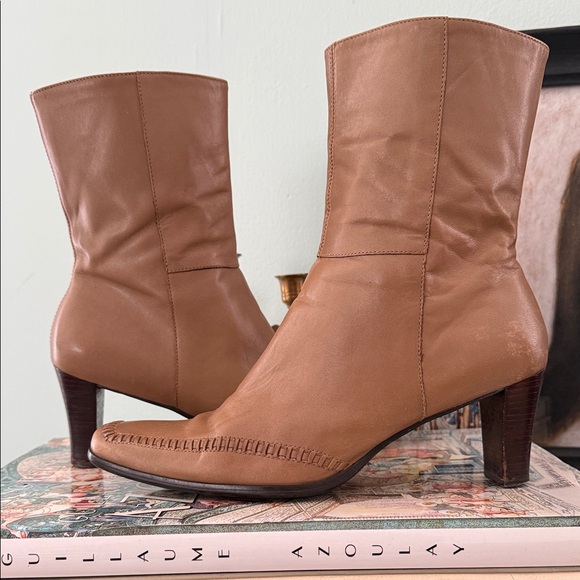 Girl Boss Vintage 90s Y2K Nickels Tan Leather Square Toe Chunky Heeled Boots - Picture 9 of 11